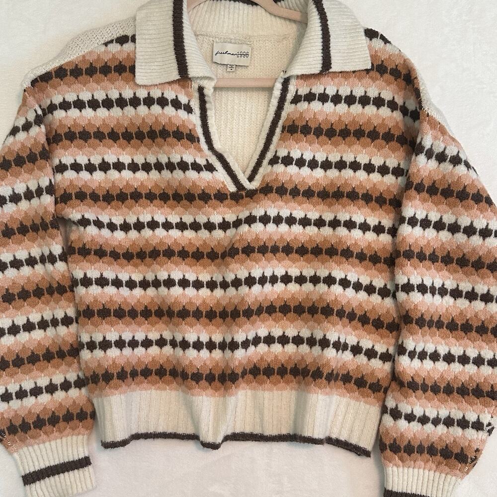 Freshman 1996 Women’s M Retro Collared V-Neck Sweater Pink Brown Cream Y2K